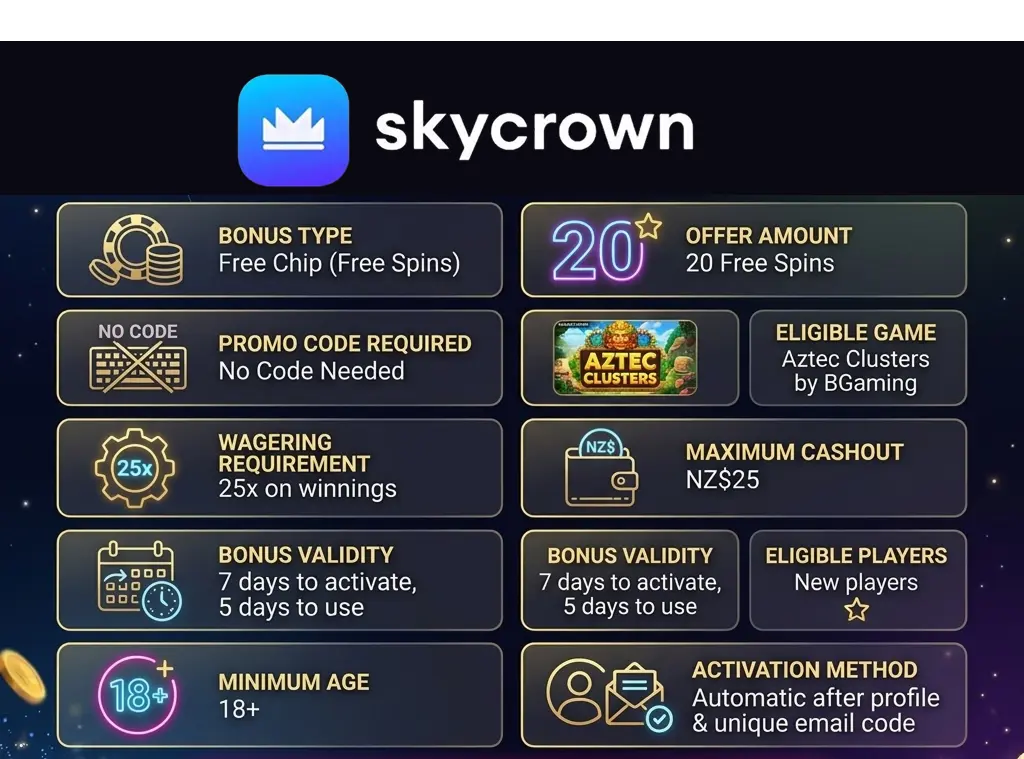 Infographic showing quick facts about SkyCrown no deposit bonus